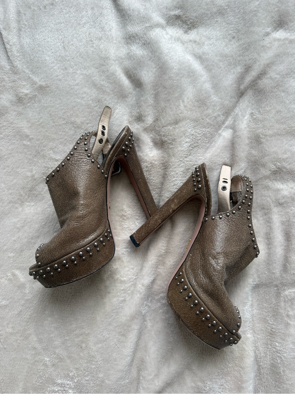 Prada Metallic Taupe Studded Peep-Toe Slingback Heels - Picture 4 of 6